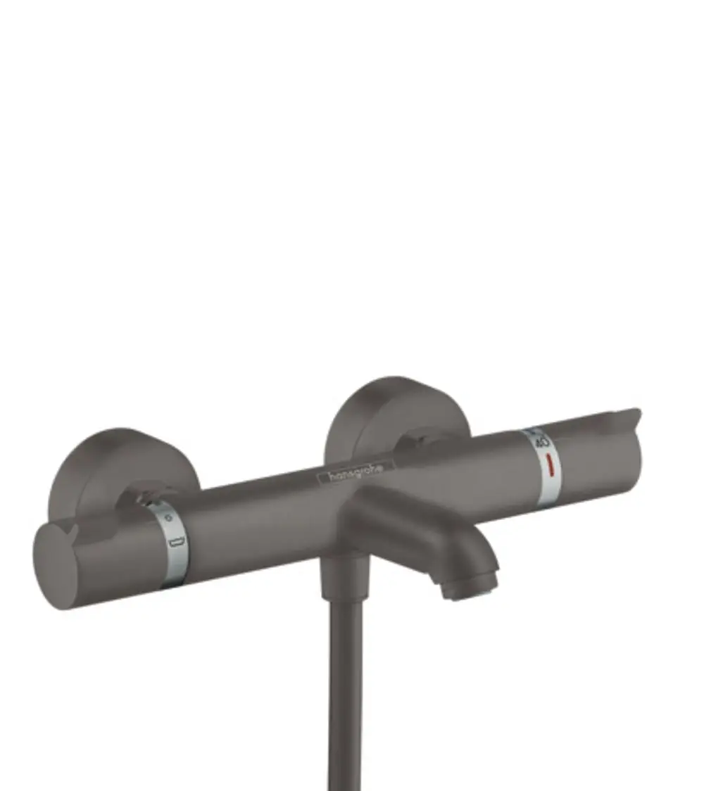 Thermostat von Hansgrohe in gebürstetem Schwarzchrom mit zwei Temperaturreglern und einer Wasserabgabe, montiert an einer Wand.